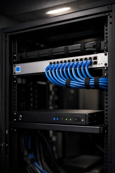 Professionelle Netzwerk-Infrastruktur mit Switch und Glasfaserkabeln